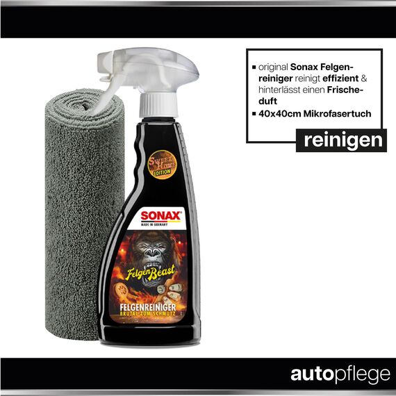 Auto Reifenpflege & Felgenpflege Set | Sonax ReifenGlanz Special Edition + FelgenBeast Sonderedition Felgenreiniger + Applikator Pad + Mikrofasertuch | Pflege & Reinigung von Felgen & Reifen