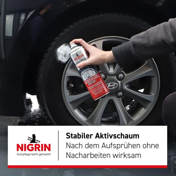 NIGRIN Reifenpflege Schaum-Reiniger, 500 ml, schützt Autoreifen vor UV-Strahlen, Schmutz und Salz, beugt vorzeitiger Alterung und Versprödung der Reifen vor