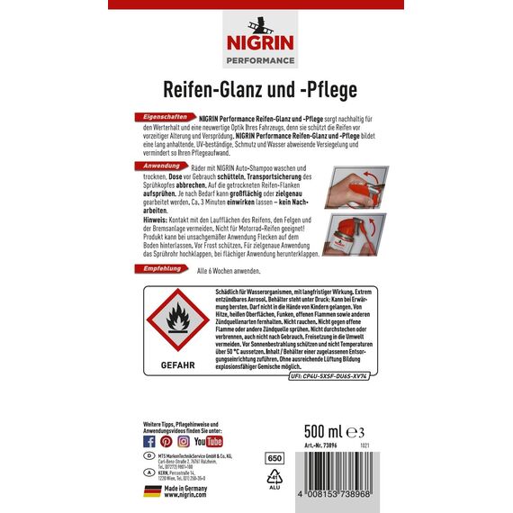 Nigrin Performance Reifen-Glanz und –Pflege, 500 ml, schützt Autoreifen vor UV-Strahlen, Schmutz und Salz
