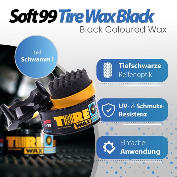 detailmate Reifen- und Kunststoffpflege Bundle Basis | Soft99 Tire Black Wax 170g + 2X Applikatorpad + 1x Mikrofaser Poliertuch 550GSM | Reifenwachs mit Färbungseffekt