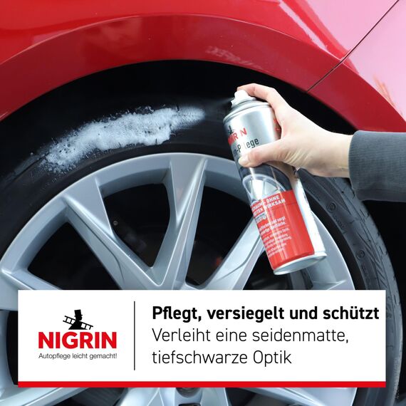 NIGRIN Reifenpflege Schaum-Reiniger, 500 ml, schützt Autoreifen vor UV-Strahlen, Schmutz und Salz, beugt vorzeitiger Alterung und Versprödung der Reifen vor