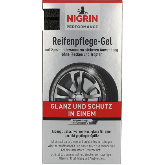 NIGRIN Performance Reifen-Gel, 300 ml, schützt Autoreifen vor UV-Strahlen, Schmutz und Salz, mit Spezialschwamm zum Auftragen für Reifen-Pflege und Reifen-Glanz
