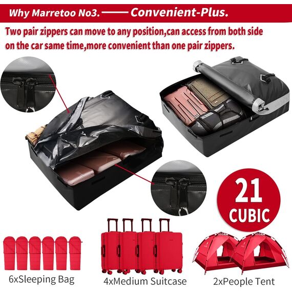 Marretoo 21 Kubikfuß Auto Dachbox Faltbare Wasserdicht Dachtasche Gepäckbox Tasche Aufbewahrungsbox mit a Antirutschmatte, für Fahrzeuge mit/ohne Gepäckträger Gepäcktransport, Vans, SUVs, Black