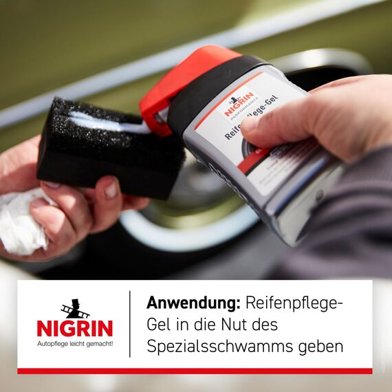 NIGRIN Performance Reifen-Gel, 300 ml, schützt Autoreifen vor UV-Strahlen, Schmutz und Salz, mit Spezialschwamm zum Auftragen für Reifen-Pflege und Reifen-Glanz