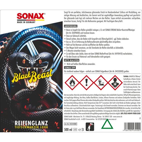 SONAX ReifenGlanz Special Edition (500 ml) pflegt und schützt die Reifen bei regelmäßiger Anwendung vor Rissen, vorzeitiger Alterung und Ausbleichen | Art-Nr. 04344000