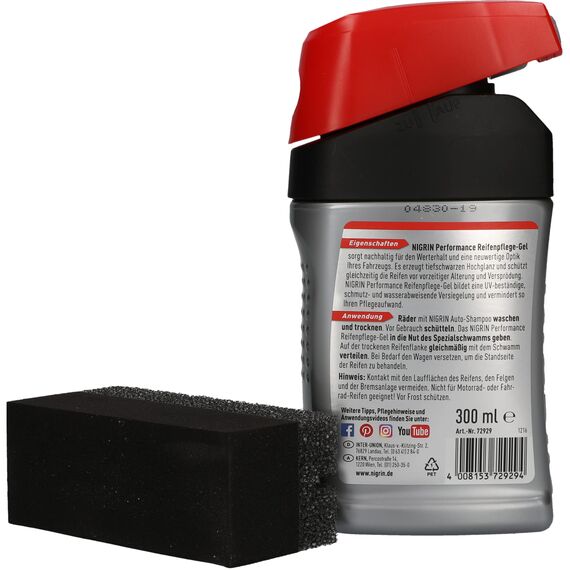 NIGRIN Performance Reifen-Gel, 300 ml, schützt Autoreifen vor UV-Strahlen, Schmutz und Salz, mit Spezialschwamm zum Auftragen für Reifen-Pflege und Reifen-Glanz