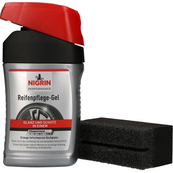 NIGRIN Performance Reifen-Gel, 300 ml, schützt Autoreifen vor UV-Strahlen, Schmutz und Salz, mit Spezialschwamm zum Auftragen für Reifen-Pflege und Reifen-Glanz