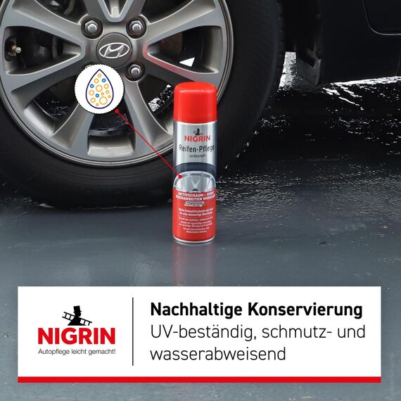 NIGRIN Reifenpflege Schaum-Reiniger, 500 ml, schützt Autoreifen vor UV-Strahlen, Schmutz und Salz, beugt vorzeitiger Alterung und Versprödung der Reifen vor