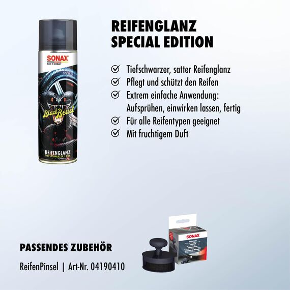 SONAX ReifenGlanz Special Edition (500 ml) pflegt und schützt die Reifen bei regelmäßiger Anwendung vor Rissen, vorzeitiger Alterung und Ausbleichen | Art-Nr. 04344000