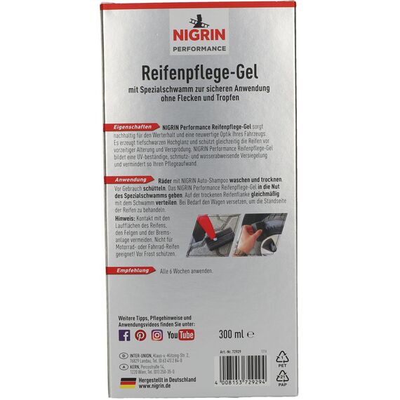 NIGRIN Performance Reifen-Gel, 300 ml, schützt Autoreifen vor UV-Strahlen, Schmutz und Salz, mit Spezialschwamm zum Auftragen für Reifen-Pflege und Reifen-Glanz