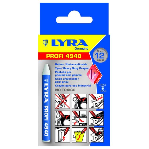 L4940001, LYRA 4940 Reifen-/Universalkreide MARK-ALL für professionelle, wetterfeste Markierungen auf vielen Untergründen, Box mit 12 weißen Kreiden