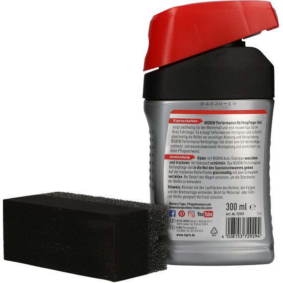 NIGRIN Performance Reifen-Gel, 300 ml, schützt Autoreifen vor UV-Strahlen, Schmutz und Salz, mit Spezialschwamm zum Auftragen für Reifen-Pflege und Reifen-Glanz