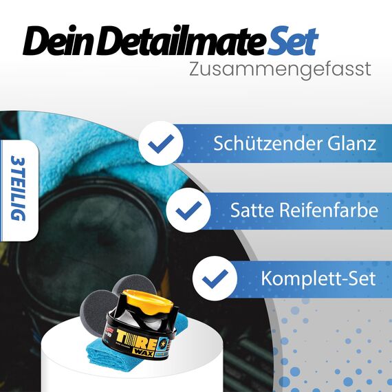 detailmate Reifen- und Kunststoffpflege Bundle Basis | Soft99 Tire Black Wax 170g + 2X Applikatorpad + 1x Mikrofaser Poliertuch 550GSM | Reifenwachs mit Färbungseffekt