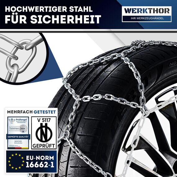 WERKTHOR 2x Schneeketten – Zugelassen für PKW – Optimaler Grip & Einfache Montage – Aus robustem Stahl – Für verschiedene Reifengrößen – EU-weit zugelassen [EN 16662-1] – inkl. Tasche