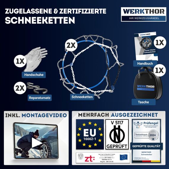 WERKTHOR 2x Schneeketten - Zugelassene Schneeketten für PKW - Optimaler Grip & Einfache Montage - Schneekette aus Metall - Für verschiedenen Reifengrößen