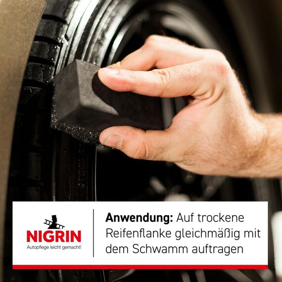 NIGRIN Performance Reifen-Gel, 300 ml, schützt Autoreifen vor UV-Strahlen, Schmutz und Salz, mit Spezialschwamm zum Auftragen für Reifen-Pflege und Reifen-Glanz