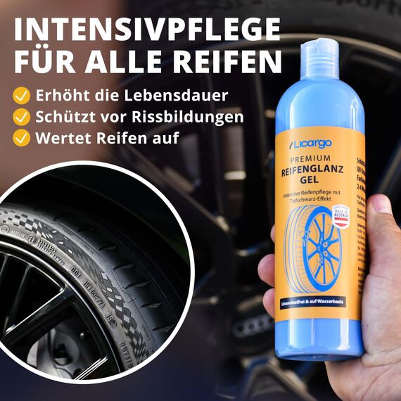 LICARGO Premium Reifenglanz Gel (500ml) - Tiefschwarze Reifen Dank Intensiver Reifenpflege - Reifen Glanz schützt Gummi & Reifen - lösemittelfreies Reifenglanzspray auf Wasserbasis