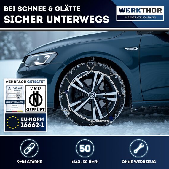 WERKTHOR 2x Schneeketten – Zugelassen für PKW – Optimaler Grip & Einfache Montage – Aus robustem Stahl – Für verschiedene Reifengrößen – EU-weit zugelassen [EN 16662-1] – inkl. Tasche