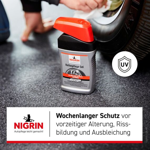 NIGRIN Performance Reifen-Gel, 300 ml, schützt Autoreifen vor UV-Strahlen, Schmutz und Salz, mit Spezialschwamm zum Auftragen für Reifen-Pflege und Reifen-Glanz