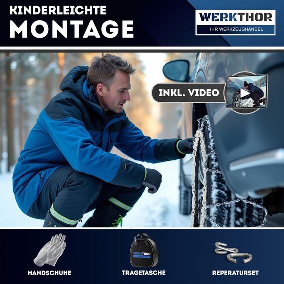 WERKTHOR 2x Schneeketten – Zugelassen für PKW – Optimaler Grip & Einfache Montage – Aus robustem Stahl – Für verschiedene Reifengrößen – EU-weit zugelassen [EN 16662-1] – inkl. Tasche