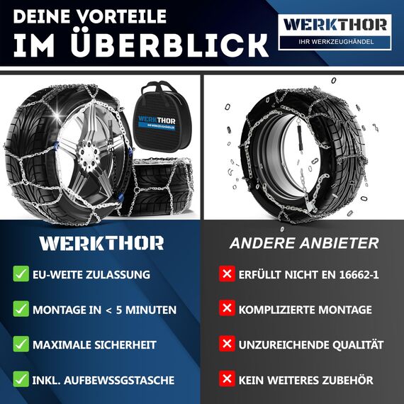 WERKTHOR 2x Schneeketten – Zugelassen für PKW – Optimaler Grip & Einfache Montage – Aus robustem Stahl – Für verschiedene Reifengrößen – EU-weit zugelassen [EN 16662-1] – inkl. Tasche