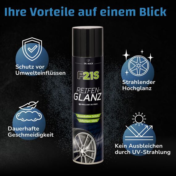DR. WACK P21S Reifen-Glanz Spray 400 ml - Reifenpflege fürs Auto - Ausbleichschutz vor UV-Strahlung - Für alle Reifentypen - Neuer Glanz für verblasste Reifen - Hochwertige Autopflege