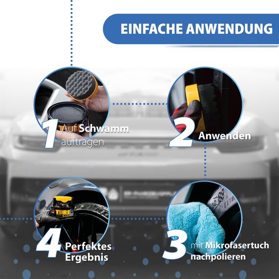 detailmate Reifen- und Kunststoffpflege Bundle Basis | Soft99 Tire Black Wax 170g + 2X Applikatorpad + 1x Mikrofaser Poliertuch 550GSM | Reifenwachs mit Färbungseffekt