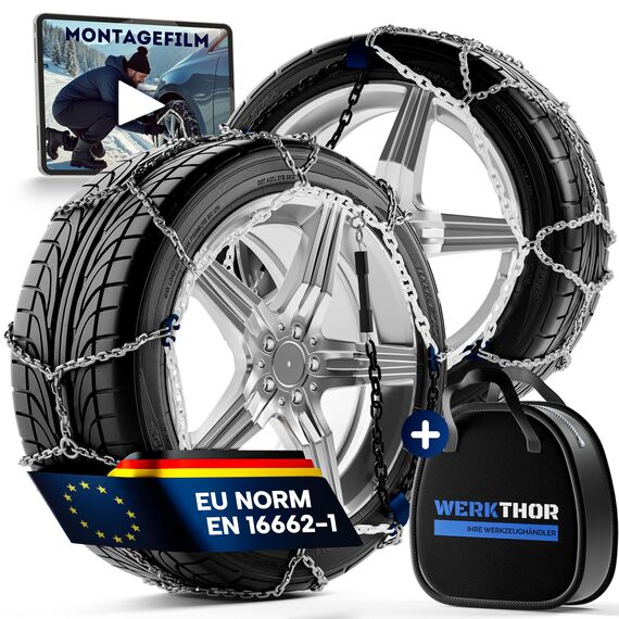 WERKTHOR 2x Schneeketten - Zugelassene Schneeketten für PKW - Optimaler Grip & Einfache Montage - Schneekette aus Metall - Für verschiedenen Reifengrößen