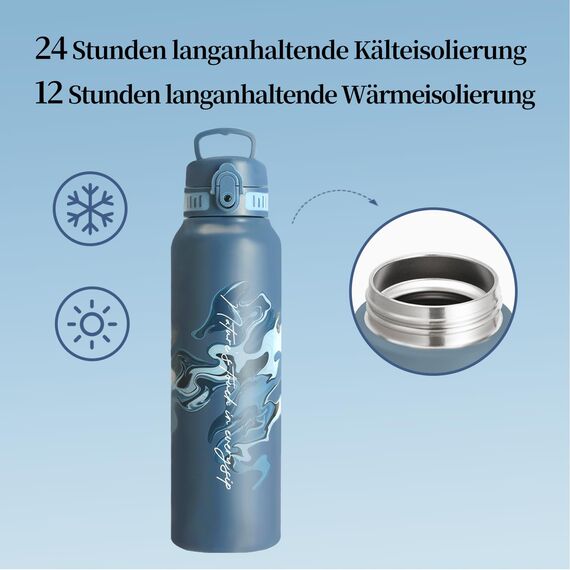 UZSPACE Edelstahl Trinkflasche 1l (970ml), Isolierte Thermosflasche mit 1-Klick-Öffnung, 100% Auslaufsicher, Sport Wasserflasche für Wandern Sport Fitness Gym Outdoor, Art-Schieferblau