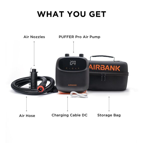 AIRBANK Elektrische Luftpumpe SUP Pumpe mit Akku Der Puffer Pro, Wiederaufladbare Dual Stage Auto Off Luftpumpe für Paddleboard, Wing Foil & Kite, Zelt, Matratze (Orange)