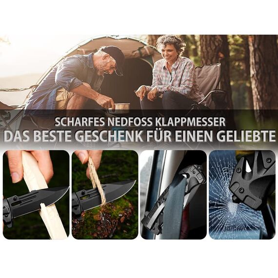 NedFoss DA75 Klappmesser, 10cm Einhandmesser mit Gurtschneider & Glasbrecher, Rettungsmesser mit mit Liner Lock &Kugellager, Überlebensmesser für Auto, Rescue Messer mit Gravur, Geschenk für Geliebte