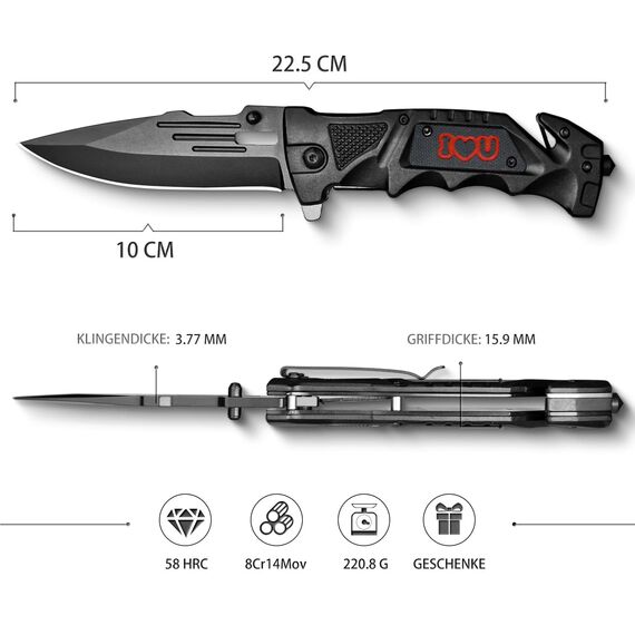 NedFoss DA75 Klappmesser, 10cm Einhandmesser mit Gurtschneider & Glasbrecher, Rettungsmesser mit mit Liner Lock &Kugellager, Überlebensmesser für Auto, Rescue Messer mit Gravur, Geschenk für Geliebte