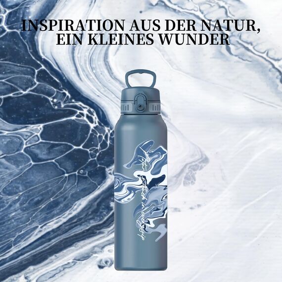 UZSPACE Edelstahl Trinkflasche 1l (970ml), Isolierte Thermosflasche mit 1-Klick-Öffnung, 100% Auslaufsicher, Sport Wasserflasche für Wandern Sport Fitness Gym Outdoor, Art-Schieferblau