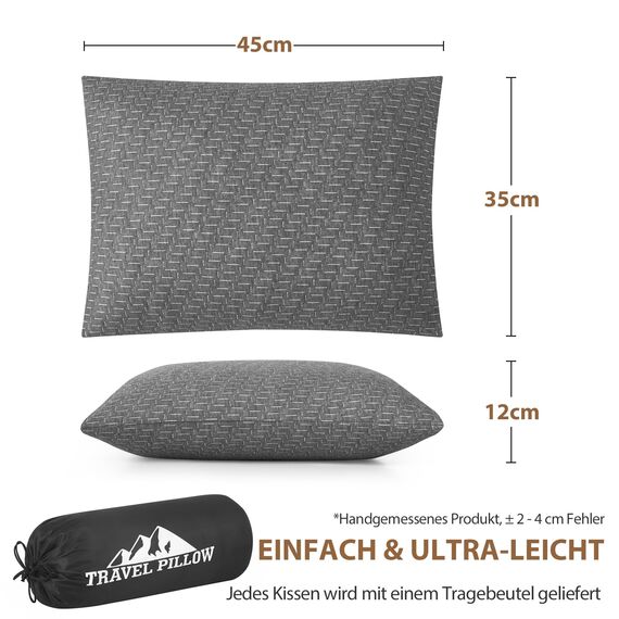 PEUJEW Reisekissen Memory Foam Kissen, Camping Kissen Kleines Kissen 45x35x12 cm, Reisekopfkissen mit Wasserdichter Packsack, Ideal für Flugzeug, Auto und Camping (M, Grau)
