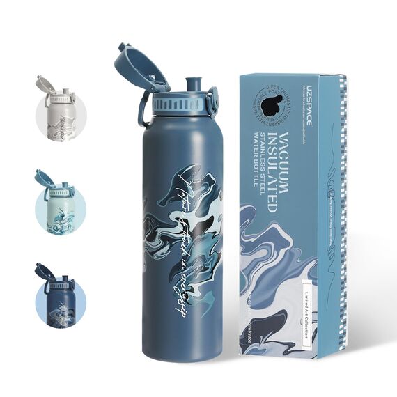 UZSPACE Edelstahl Trinkflasche 1l (970ml), Isolierte Thermosflasche mit 1-Klick-Öffnung, 100% Auslaufsicher, Sport Wasserflasche für Wandern Sport Fitness Gym Outdoor, Art-Schieferblau