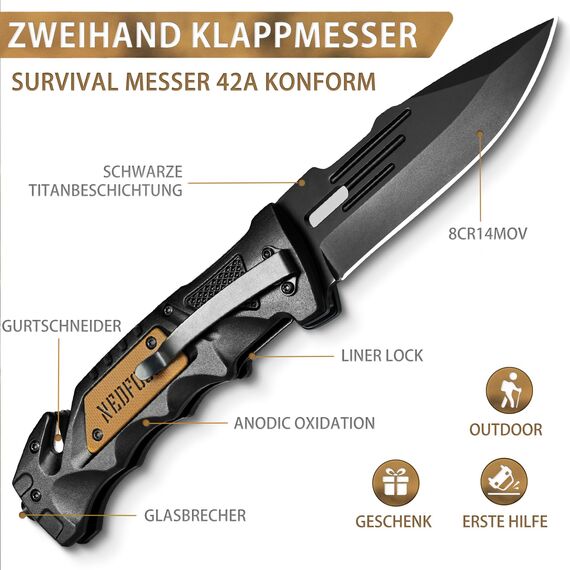 NedFoss DA75 Zweihandmesser, 10CM Taschenmesser mit Gurtschneider & Glasbrecher, Legales Klappmesser mit Liner Lock & Kugellager, Survival Messer Outdoor, Rettungsmesser mit Clip in Geschenk-Box