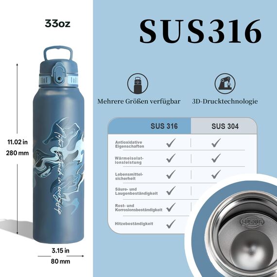 UZSPACE Edelstahl Trinkflasche 1l (970ml), Isolierte Thermosflasche mit 1-Klick-Öffnung, 100% Auslaufsicher, Sport Wasserflasche für Wandern Sport Fitness Gym Outdoor, Art-Schieferblau