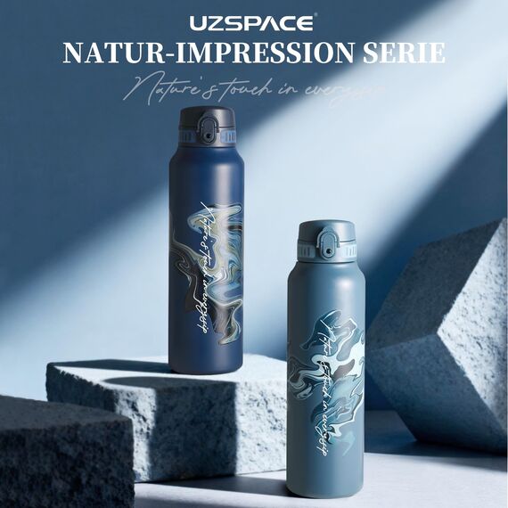 UZSPACE Edelstahl Trinkflasche 1l (970ml), Isolierte Thermosflasche mit 1-Klick-Öffnung, 100% Auslaufsicher, Sport Wasserflasche für Wandern Sport Fitness Gym Outdoor, Art-Schieferblau