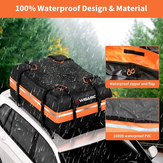 Wisamic Auto Dachbox 425 Liter Faltbar Dachtasche Wasserdicht Dachkoffer Tragbar Aufbewahrungsbox mit Anti-Rutsch Matte für Auto mit/ohne Reling zu Reisen und Gepäcktransport