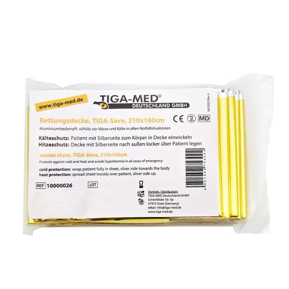 Tiga-Med 10x Rettungsdecke | 10 Stück | für Erste Hilfe, Auto, Notfall, Camping, Survial, Deko | Gold/Silber | 210x160cm | Rettungsfolie CE