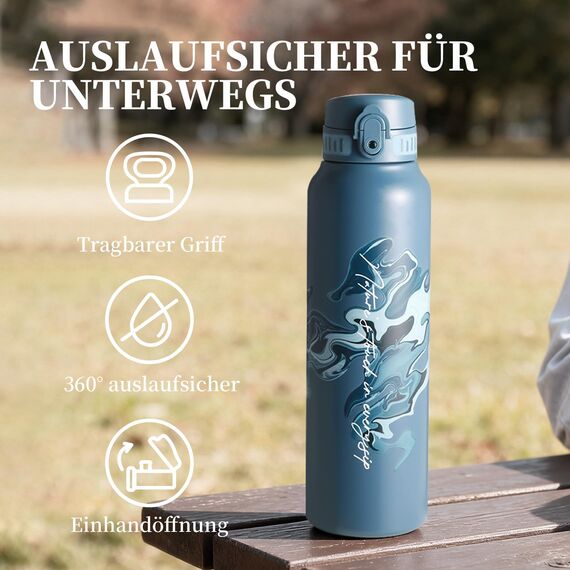 UZSPACE Edelstahl Trinkflasche 1l (970ml), Isolierte Thermosflasche mit 1-Klick-Öffnung, 100% Auslaufsicher, Sport Wasserflasche für Wandern Sport Fitness Gym Outdoor, Art-Schieferblau