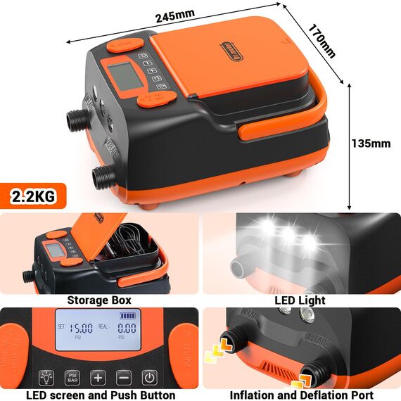 Dr.meter 6000mAh Wiederaufladbare Elektrische SUP Pumpe, SUP Pumpe Elektrisch Akku mit Auto-Off, Kann 4 SUPs Aufladen, 2 USB Anschlüssen und 3 LED Lichtern für SUP-Boards, Boote, Zelte, Kajak