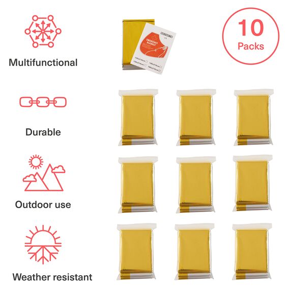 Bramble 10 Stück Rettungsdecke Rettungsfolie Gold/Silber 210x160cm - Auto, Erste Hilfe, Camping, Survival Kit - Alu Thermo Wärmedecke Verbandskasten (10er-Pack)