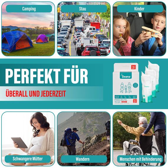 Deana® Pinkelbeutel besonders für Frauen 800ml (3 Stück) – Mobiles Urinal & Notfalltoilette für unterwegs – Einweg WC Unisex – Reisetoilette für Auto, Camping, Festival & Outdoor - Notfall WC