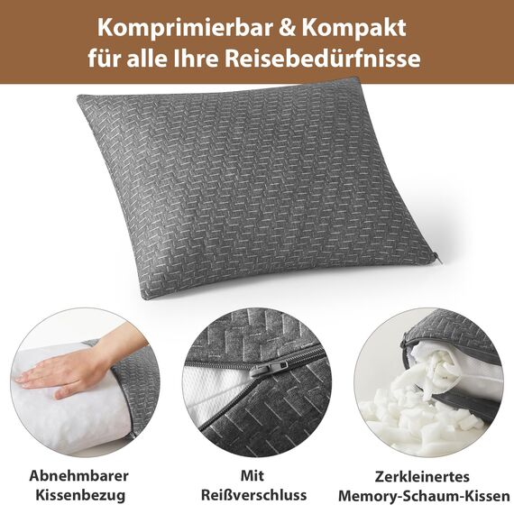PEUJEW Reisekissen Memory Foam Kissen, Camping Kissen Kleines Kissen 45x35x12 cm, Reisekopfkissen mit Wasserdichter Packsack, Ideal für Flugzeug, Auto und Camping (M, Grau)