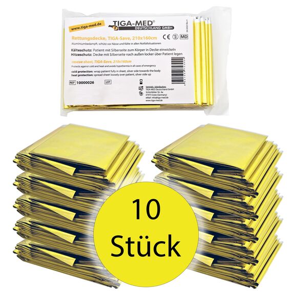 Tiga-Med 10x Rettungsdecke | 10 Stück | für Erste Hilfe, Auto, Notfall, Camping, Survial, Deko | Gold/Silber | 210x160cm | Rettungsfolie CE