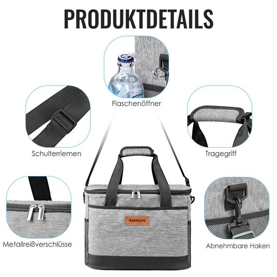 KAEFUYS Kühltasche 33L+14h Kühlung Thermoisoliert Tragbar Faltbar Wasserdicht Groß Picknicktasche für Einkaufen Auto Büro Camping Outdoor Reisen Lebensmitteltransport Proviant Familie Grillen Grau