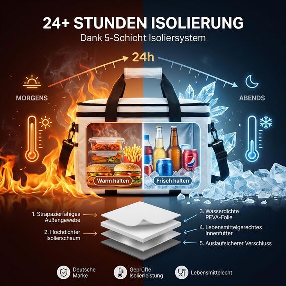 five dots Kühltasche faltbar 20l +24h Kühlung zum Einkaufen ideal für Auto & Arbeit - Isoliertasche Thermotasche Lunchbag & Picknicktasche - Kühltasche groß - Lunchtasche Herren - Lunch Bag
