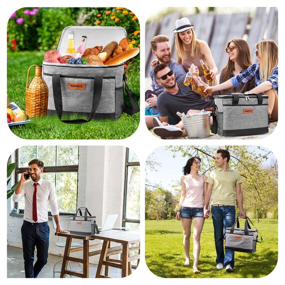 KAEFUYS Kühltasche 33L+14h Kühlung Thermoisoliert Tragbar Faltbar Wasserdicht Groß Picknicktasche für Einkaufen Auto Büro Camping Outdoor Reisen Lebensmitteltransport Proviant Familie Grillen Grau