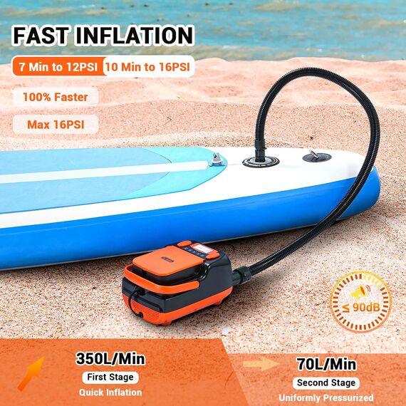 Dr.meter 6000mAh Wiederaufladbare Elektrische SUP Pumpe, SUP Pumpe Elektrisch Akku mit Auto-Off, Kann 4 SUPs Aufladen, 2 USB Anschlüssen und 3 LED Lichtern für SUP-Boards, Boote, Zelte, Kajak